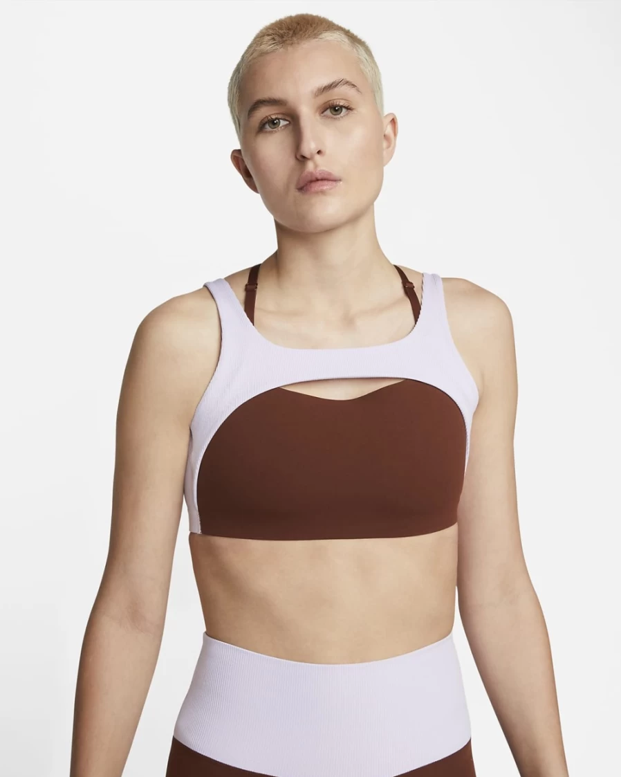 Nike Women's Yoga Indy Light-Support Sports Bra - Lightly Lined, Ribbed, Oxen Brown/Doll/Iron Grey