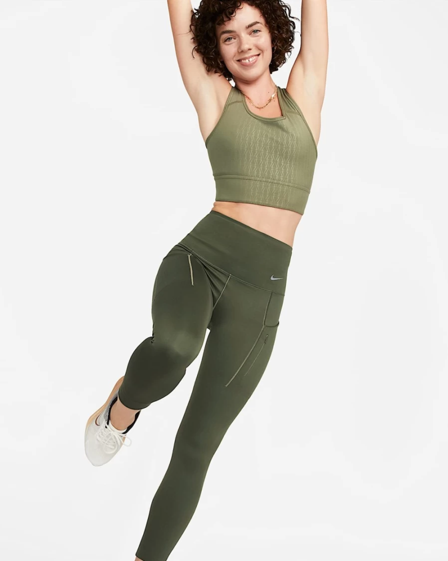 Nike Go Women's High-Waisted 7/8 Leggings with Pockets - Firm Support, Cargo Khaki/Black