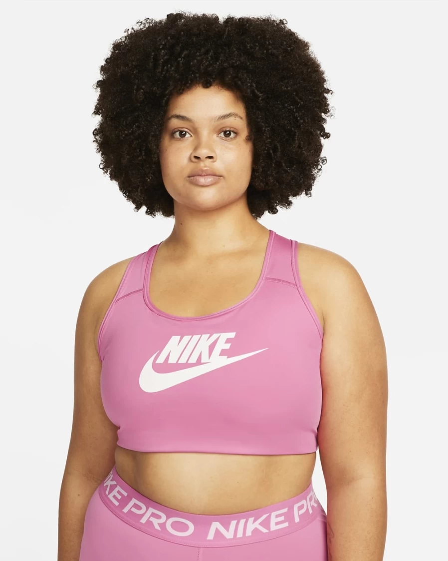 Nike Women's Futura Graphic Medium-Support Sports Bra - Plus Size, Pinksicle/White, Non-Padded Swoosh Design