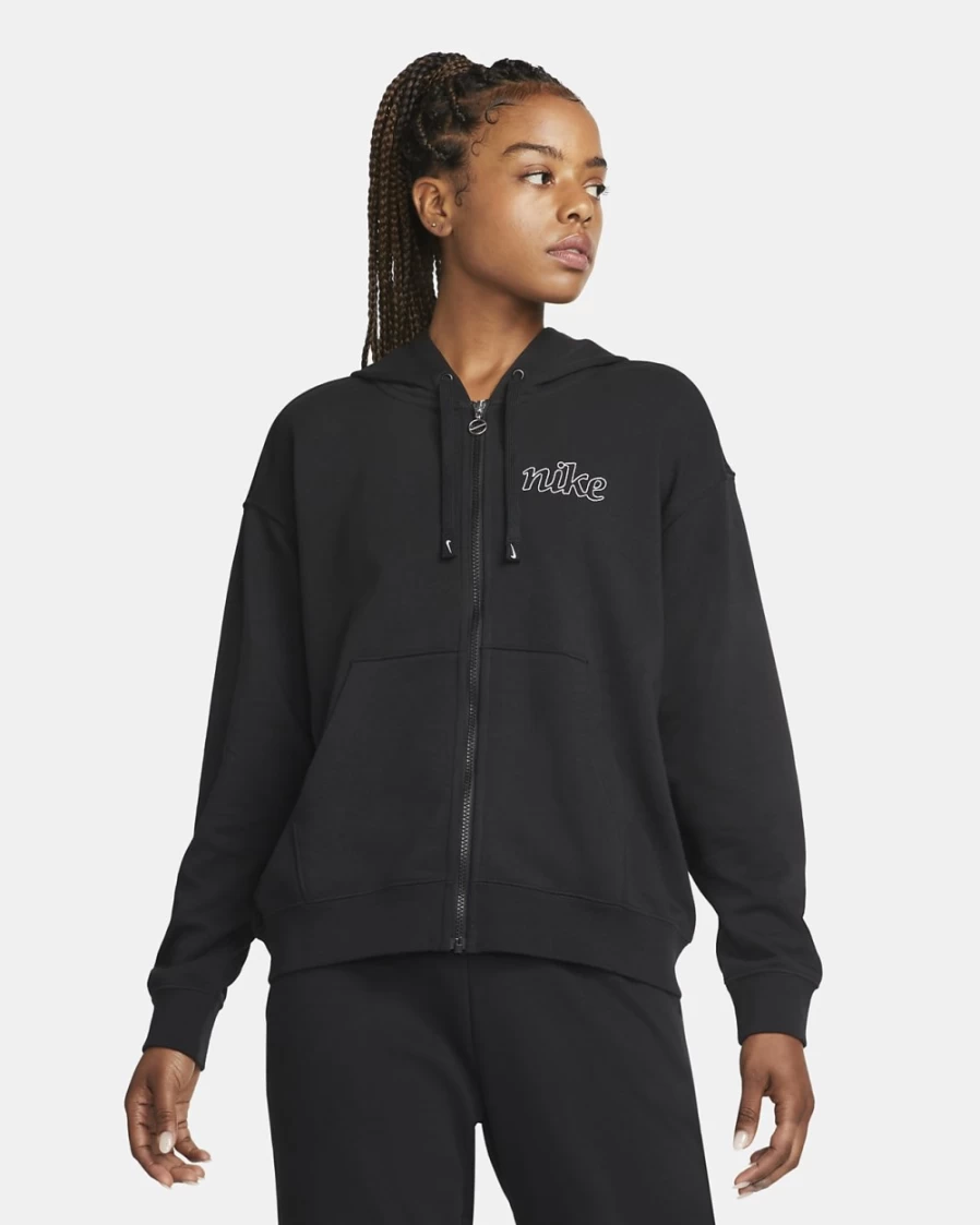 Nike Dri-FIT Women's Black/White Graphic Full-Zip Training Hoodie for Workouts