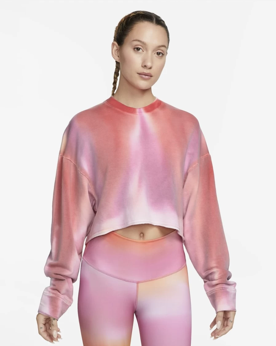Nike Women's Yoga Luxe Cropped Crew-Neck Fleece Sweatshirt in Picante Red/Cosmic Fuchsia
