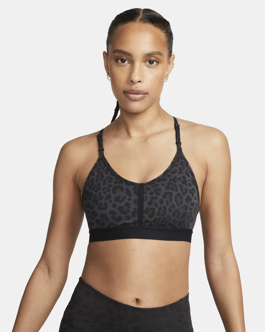 Nike Indy Women's Light-Support Sports Bra - V-Neck Leopard Print in Dark Smoke Grey & Black