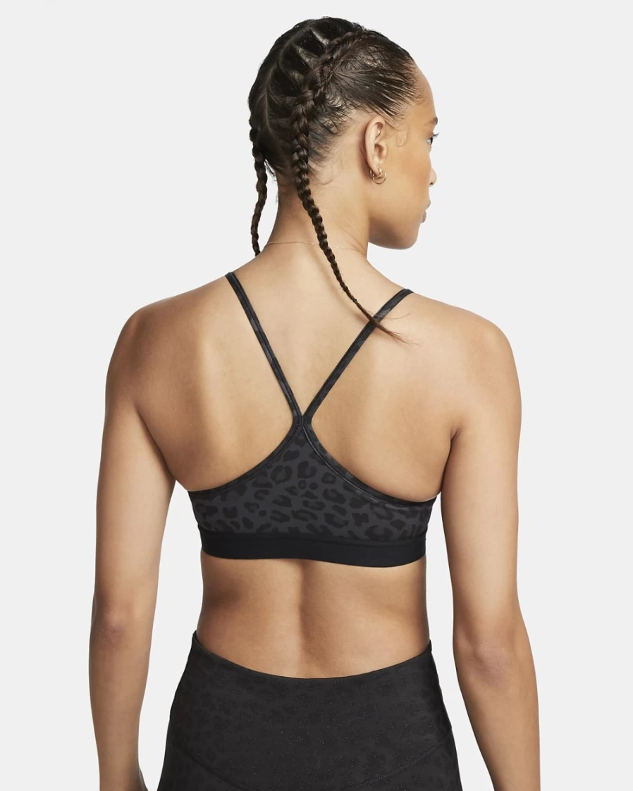 Nike Indy Women's Light-Support Sports Bra - V-Neck Leopard Print in Dark Smoke Grey & Black