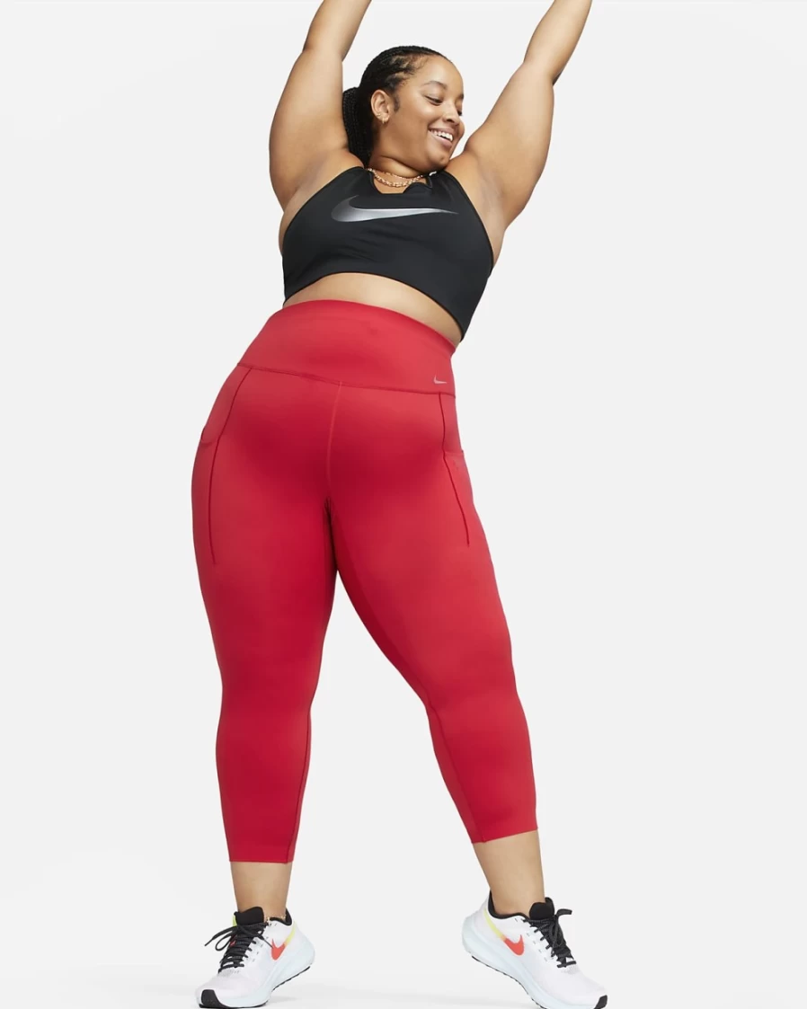 Nike Go Women's High-Waisted 7/8 Leggings with Pockets - Plus Size, University Red/Black, Firm Support Workout Tights