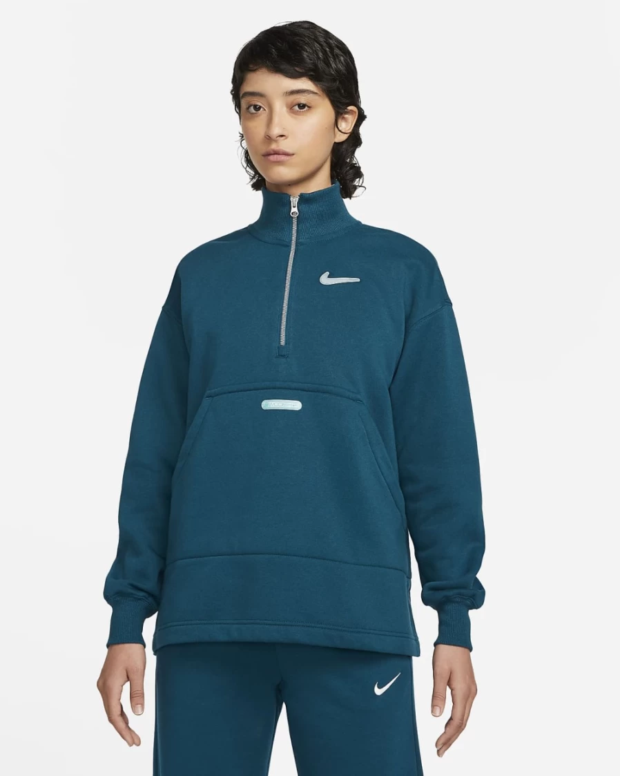 Nike Women's Valerian Blue & Mint Foam Fleece 1/4-Zip Pullover with Swoosh Logo - Sportswear Top