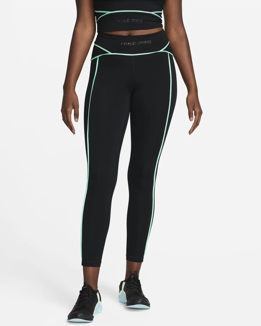 Nike Pro Women's Mid-Rise 7/8 Training Leggings - Black, Green Glow, Dark Smoke Grey - Workout Tights for Women
