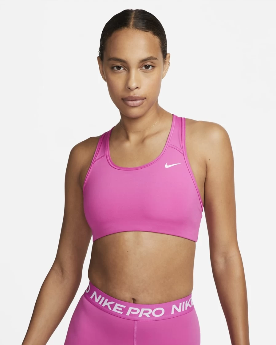 Nike Women's Medium-Support Swoosh Sports Bra - Active Fuchsia/White, Non-Padded Workout Top
