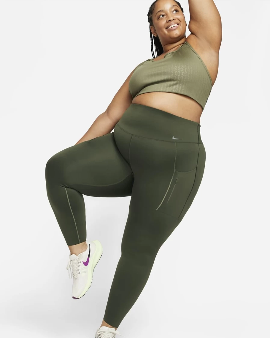 Nike Go Women's High-Waisted Firm-Support Full-Length Leggings with Pockets - Plus Size in Cargo Khaki/Black