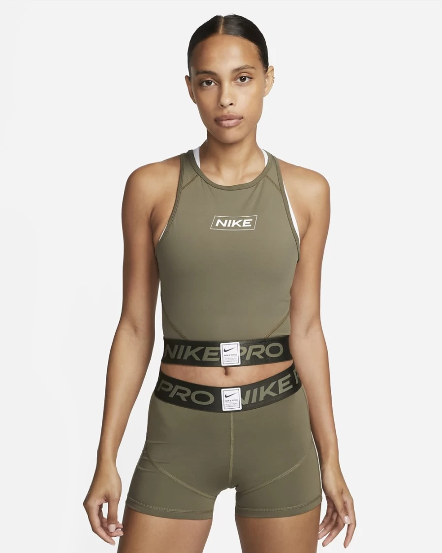 Nike Women's Medium Olive/Sequoia/White Dri-FIT Pro Graphic Crop Tank Top