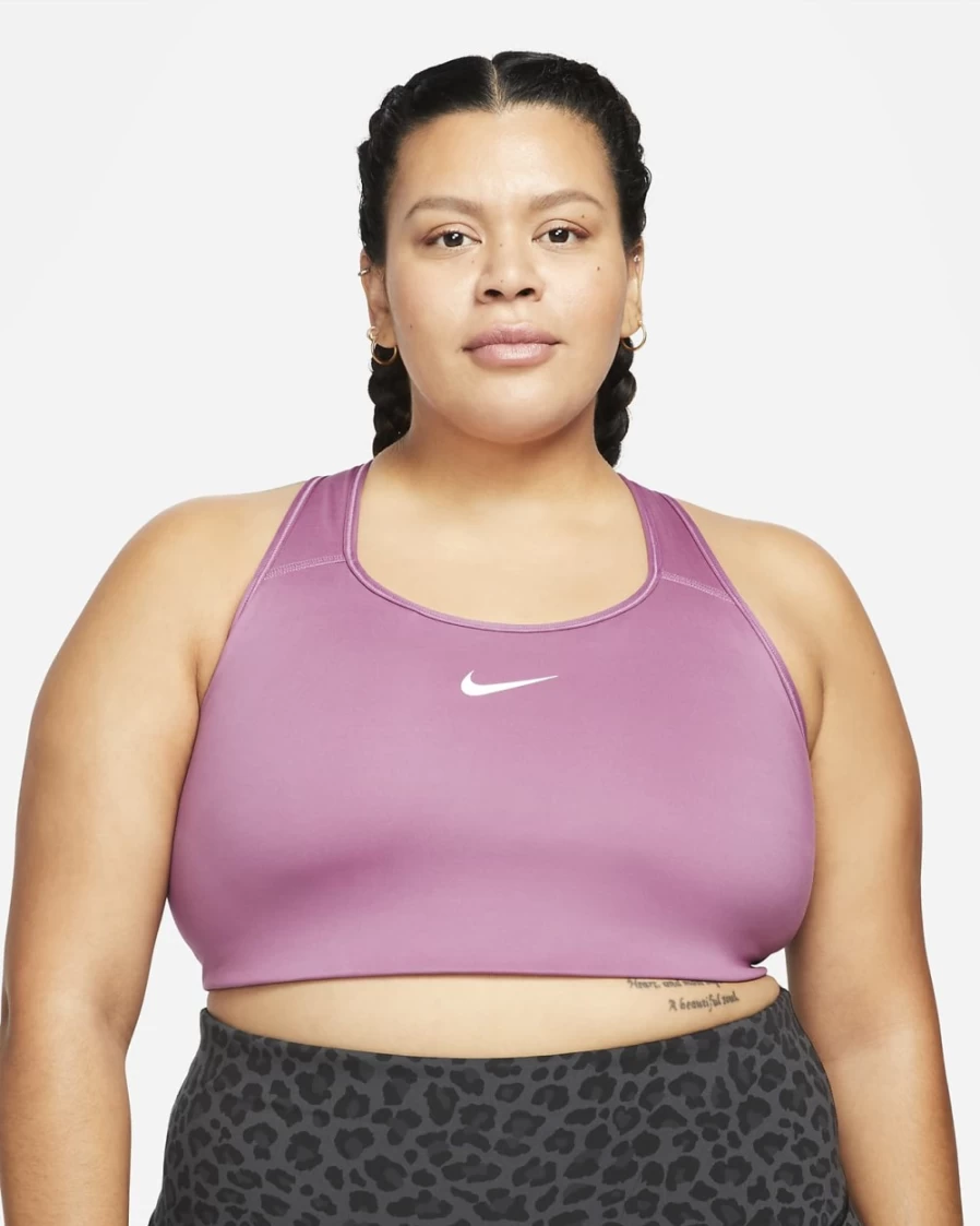 Nike Women's Light Bordeaux/White Medium-Support Padded Sports Bra - Plus Size Swoosh Design