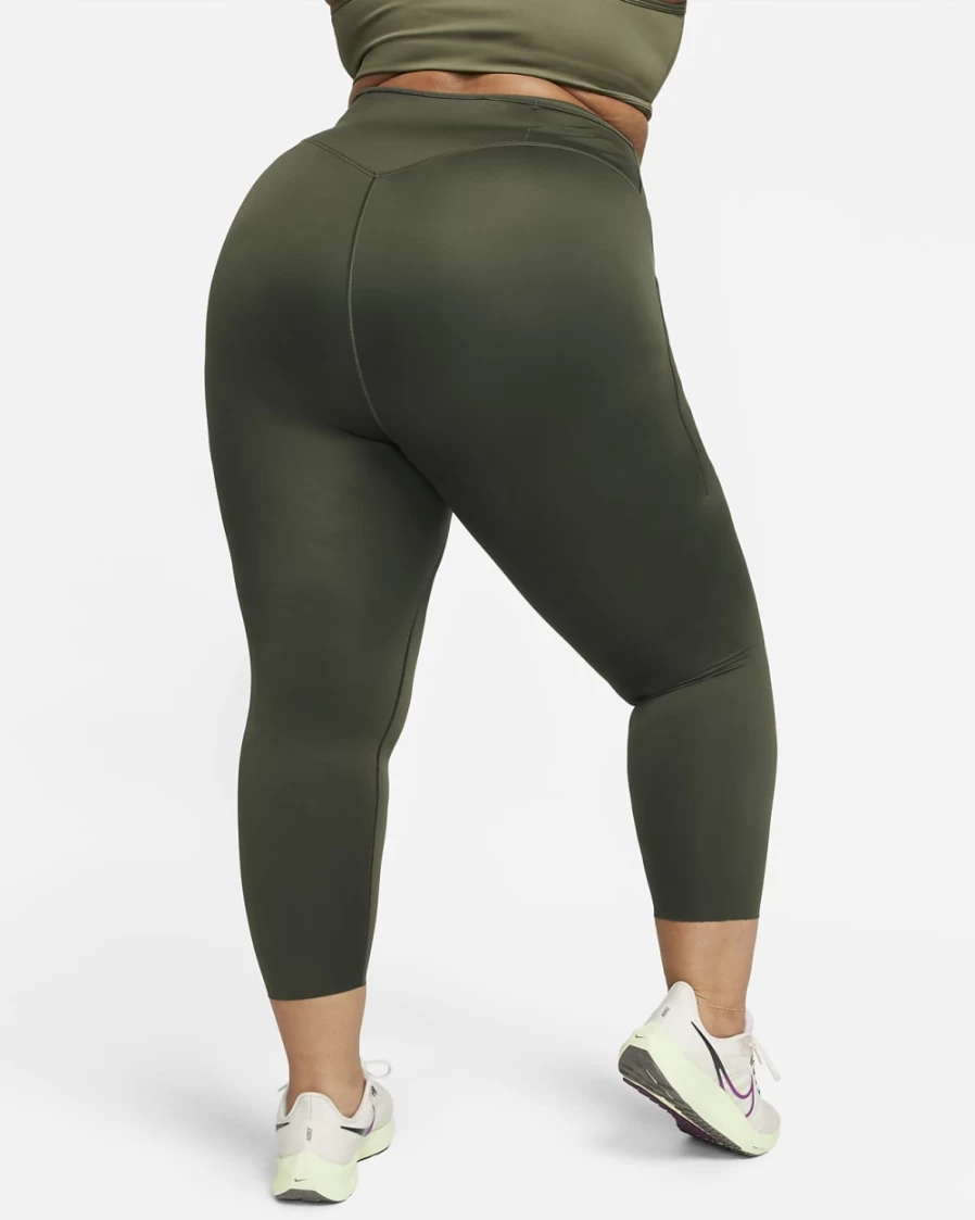 Nike Go Women's High-Waisted 7/8 Leggings with Pockets - Plus Size Firm-Support Workout Tights in Cargo Khaki/Black