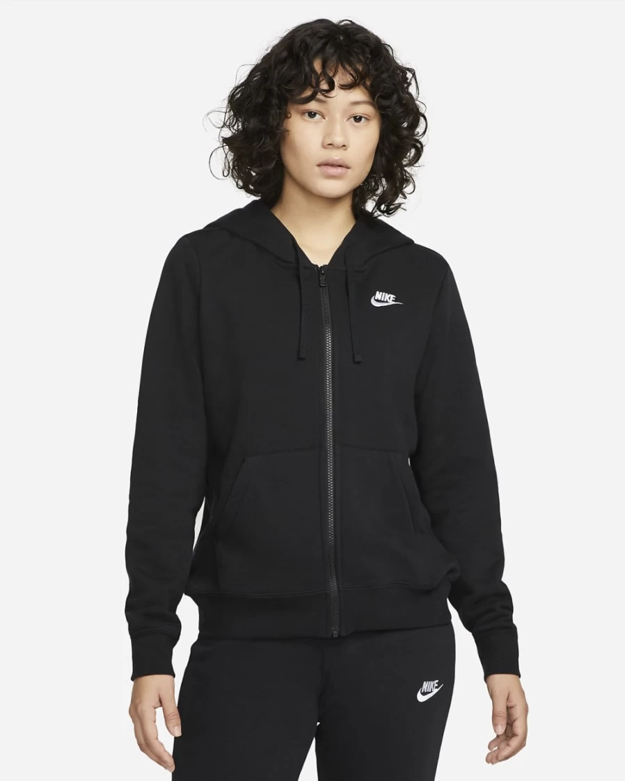 Nike Women's Club Fleece Full-Zip Hoodie - Black/White Pullover Sweatshirt for Casual Wear