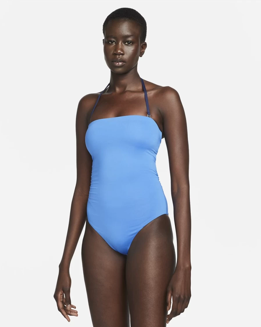 Nike Pacific Blue Women's Solid Lace-up Bandeau One Piece Swimsuit