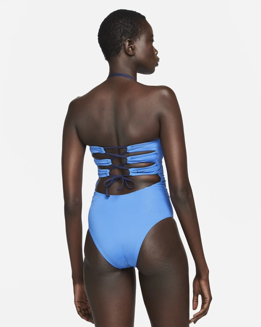 Nike Pacific Blue Women's Solid Lace-up Bandeau One Piece Swimsuit