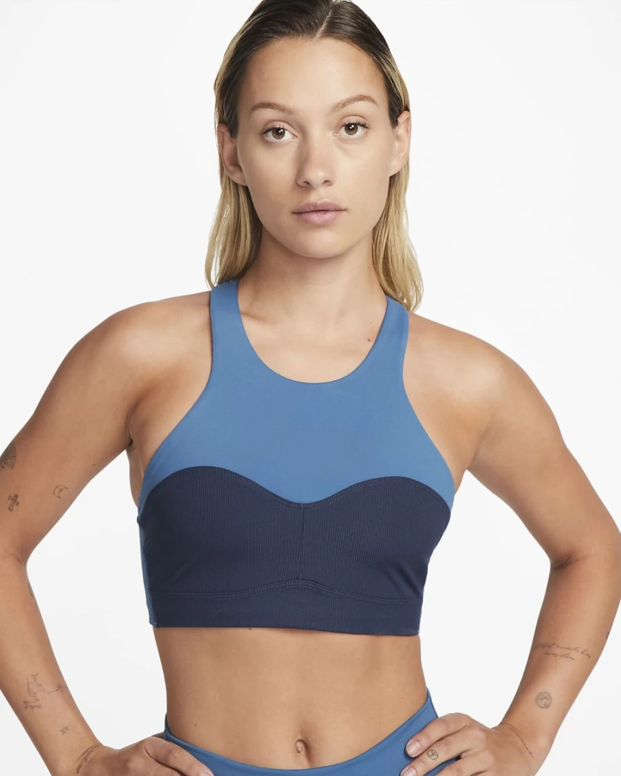 Nike Women's Alate Curve Medium-Support Ribbed Yoga Sports Bra - Dark Marina Blue/Midnight Navy/Iron Grey