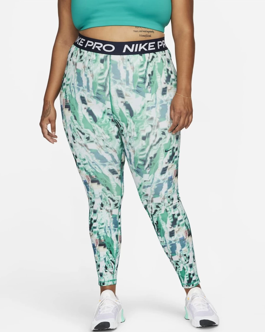 Nike Pro Women's Plus Size Mid-Rise Training Leggings - Malachite/Obsidian Allover Print
