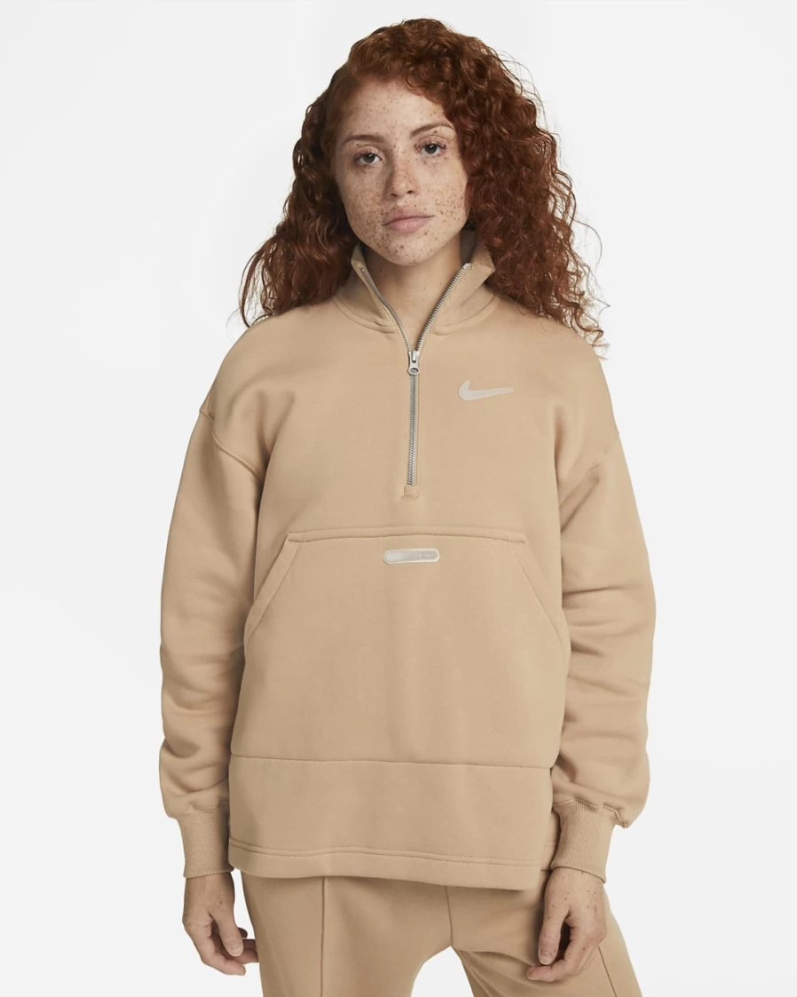 Nike Women's Hemp/White Fleece 1/4-Zip Swoosh Top - Sportswear Collection
