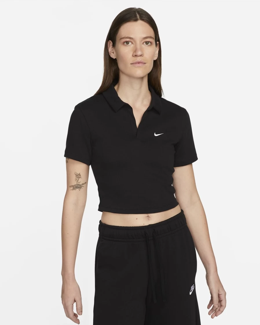 Nike Women's Essential Sportswear Polo Shirt - Black & White Short-Sleeve Top