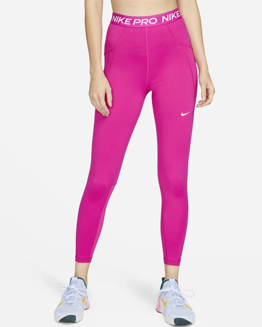 Nike Pro Women's High-Waisted Workout Leggings with Pockets - Active Pink/White Yoga Running Gym Training Tights