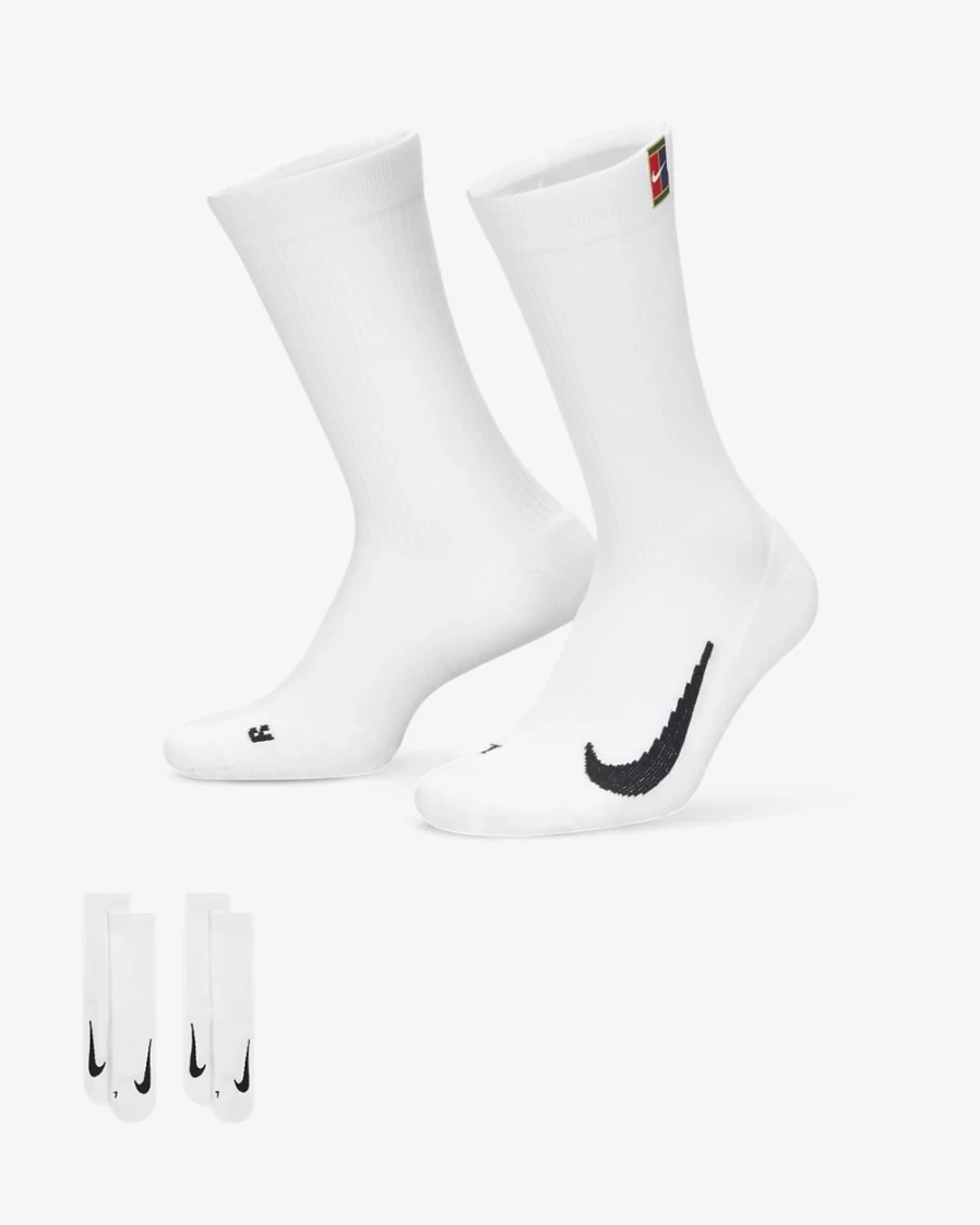 NikeCourt Multiplier Cushioned Tennis Crew Socks for Men & Women - 2 Pairs, White/White