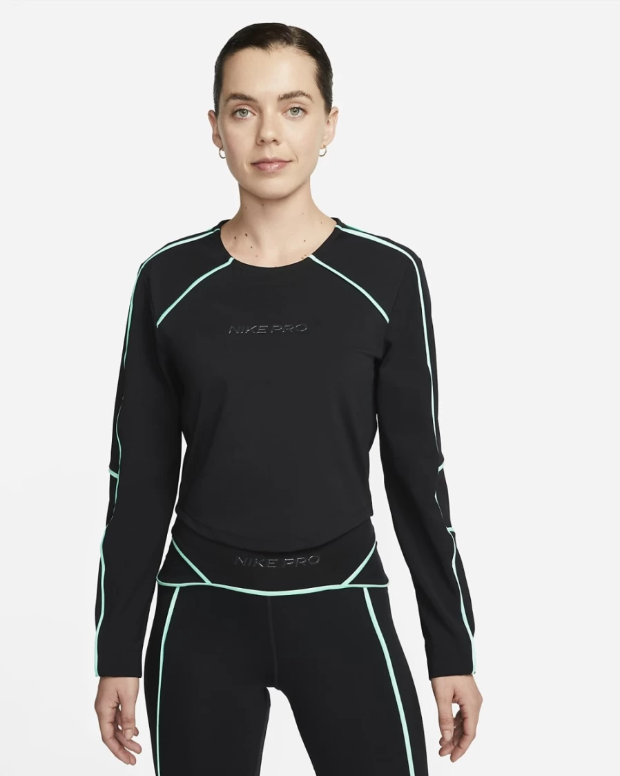 Nike Women's Dri-FIT Pro Long Sleeve Cropped Workout Top - Black, Green Glow, Dark Smoke Grey Athletic Training Shirt