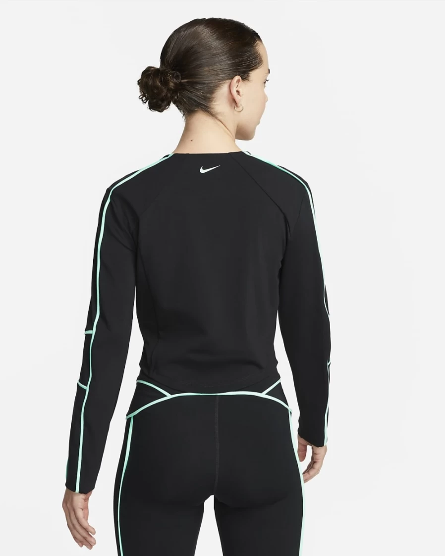 Nike Women's Dri-FIT Pro Long Sleeve Cropped Workout Top - Black, Green Glow, Dark Smoke Grey Athletic Training Shirt