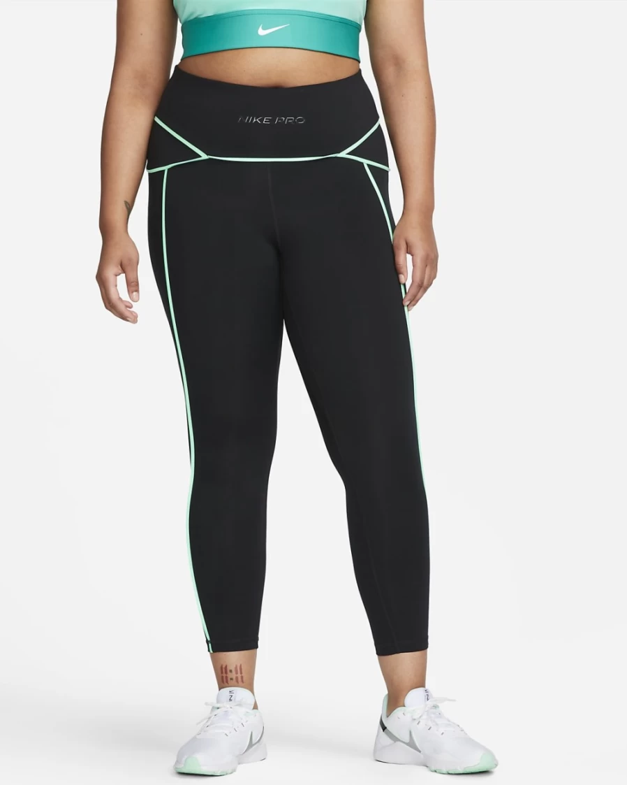 Nike Pro Women's Plus Size Mid-Rise 7/8 Training Leggings - Black, Green Glow, Dark Smoke Grey
