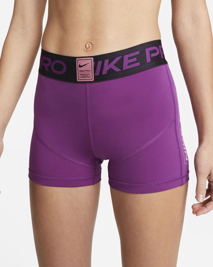 Nike Pro Women's Mid-Rise 3" Graphic Shorts in Viotech, Cave Purple & Desert Berry Colors