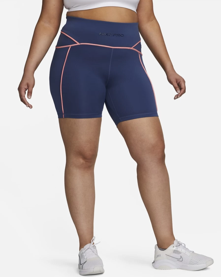 Nike Pro Women's Mid-Rise 7" Biker Shorts in Mystic Navy/Pink Gaze/Midnight Navy - Plus Size Workout Shorts