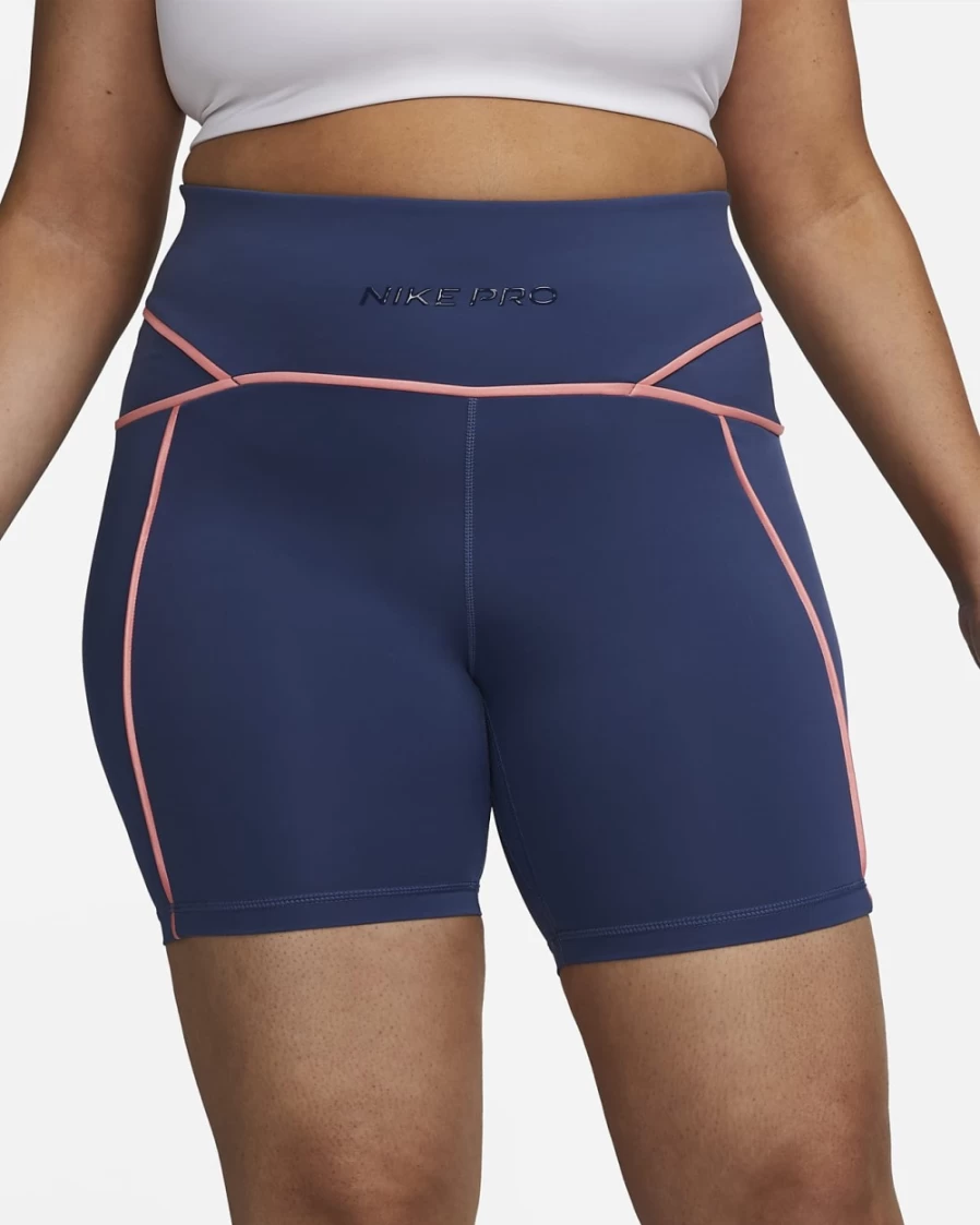 Nike Pro Women's Mid-Rise 7" Biker Shorts in Mystic Navy/Pink Gaze/Midnight Navy - Plus Size Workout Shorts