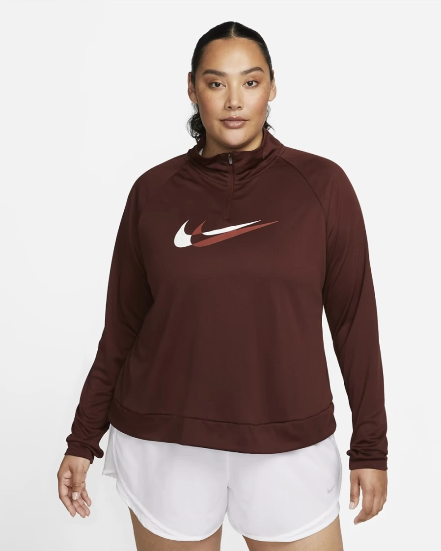 Nike Dri-FIT Swoosh Run Women's 1/4-Zip Running Midlayer - Bronze Eclipse/Redstone/White Plus Size Top