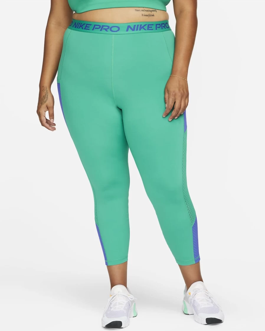 Nike Pro Women's High-Waisted 7/8 Workout Leggings with Pockets - Plus Size Fitness Tights in Neptune Green/Lapis
