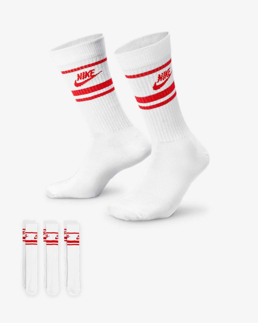 Nike Everyday Essential Crew Socks 3-Pack for Men & Women - White/University Red Comfort Athletic Socks