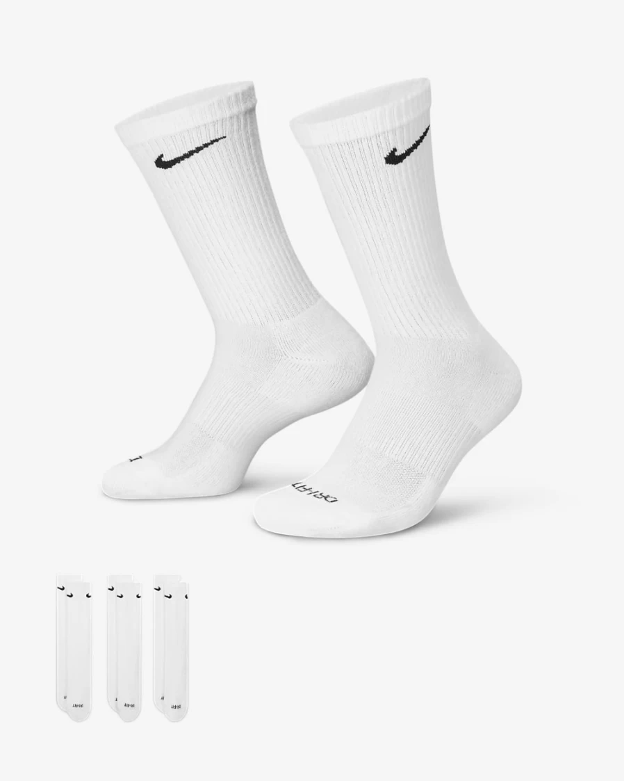 Nike Everyday Plus Cushioned Crew Socks 3-Pack for Men & Women - White/Black Athletic Training Socks