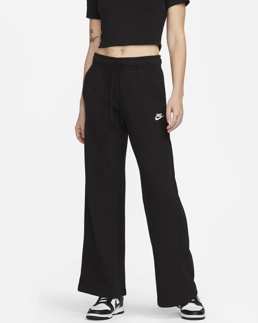 Nike Women's Club Fleece Wide-Leg Sweatpants - Black/White | Sportswear Casual Pants