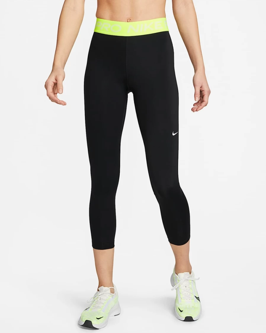 Nike Pro 365 Women's Mid-Rise Cropped Workout Leggings with Mesh Panel - Black/Volt/White