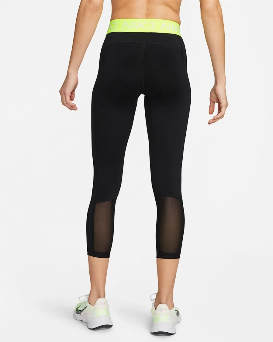 Nike Pro 365 Women's Mid-Rise Cropped Workout Leggings with Mesh Panel - Black/Volt/White