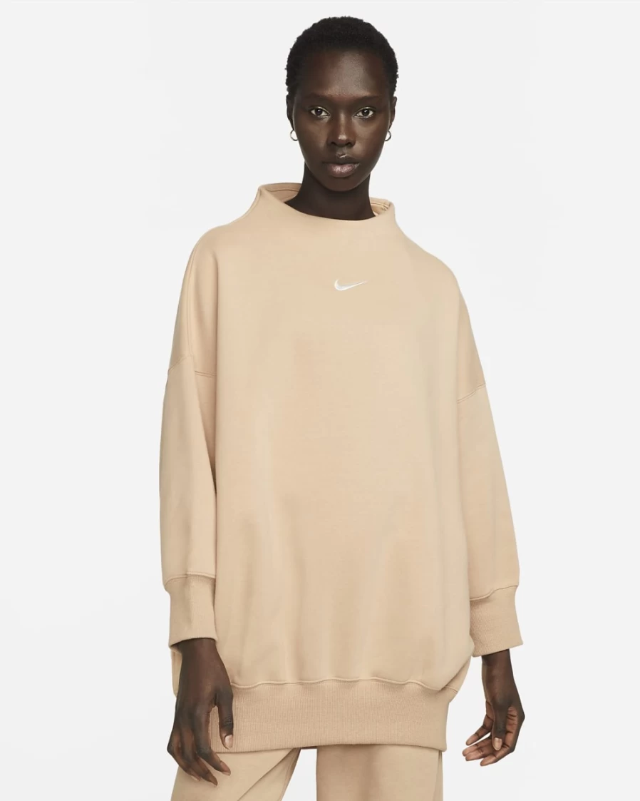 Nike Women's Hemp/Sail Phoenix Fleece Oversized Mock Neck 3/4 Sleeve Sweatshirt