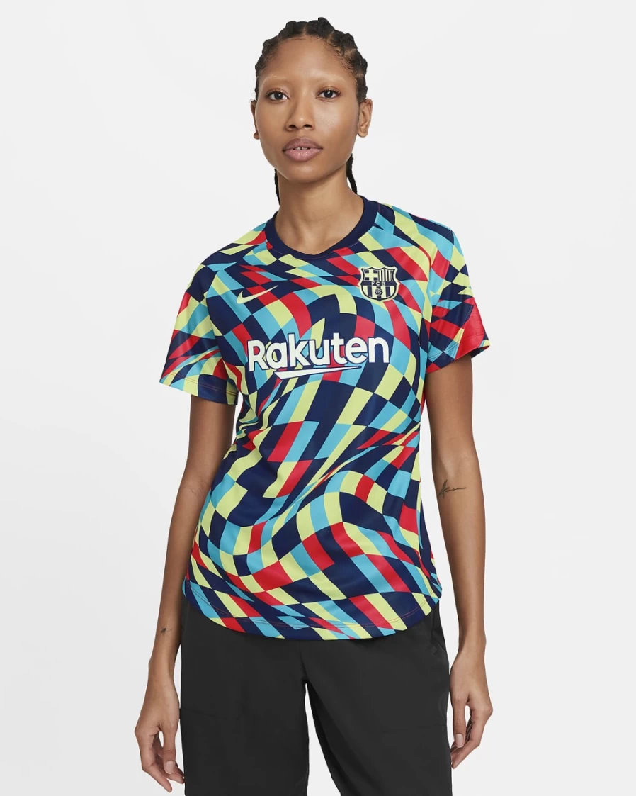 Nike FC Barcelona Women's Pre-Match Short-Sleeve Soccer Top - Blue Void, Light Fusion Red, Limelight