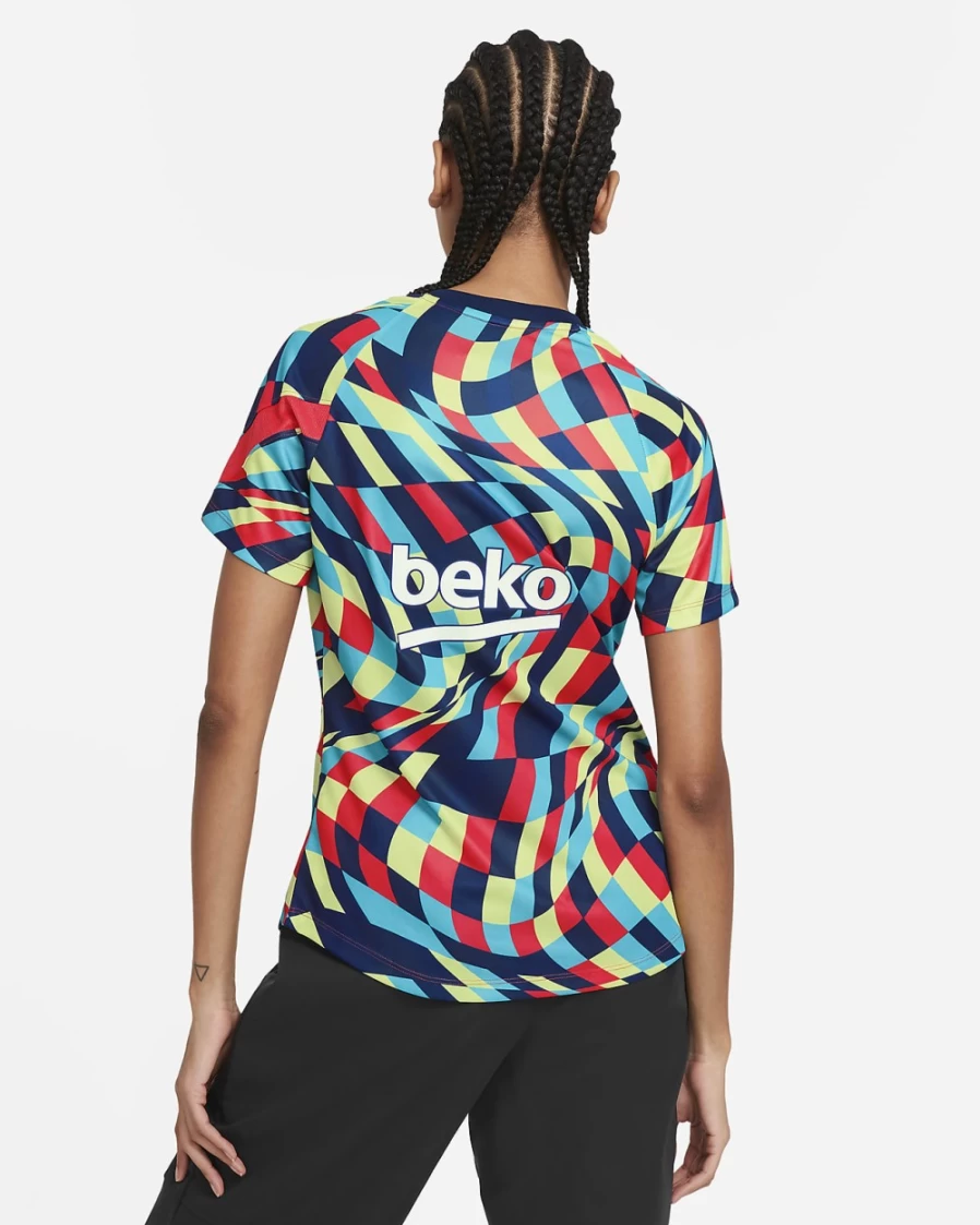 Nike FC Barcelona Women's Pre-Match Short-Sleeve Soccer Top - Blue Void, Light Fusion Red, Limelight