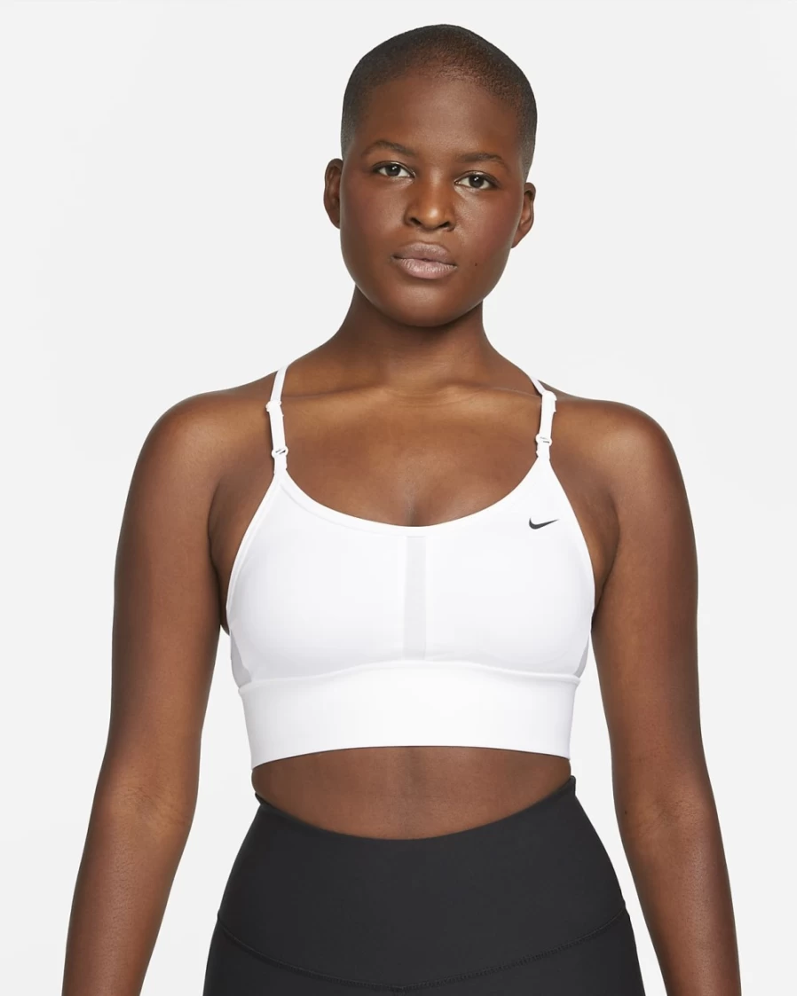 Nike Indy Women's Light-Support Longline Sports Bra - White/Black - Padded Workout Top for Running & Fitness