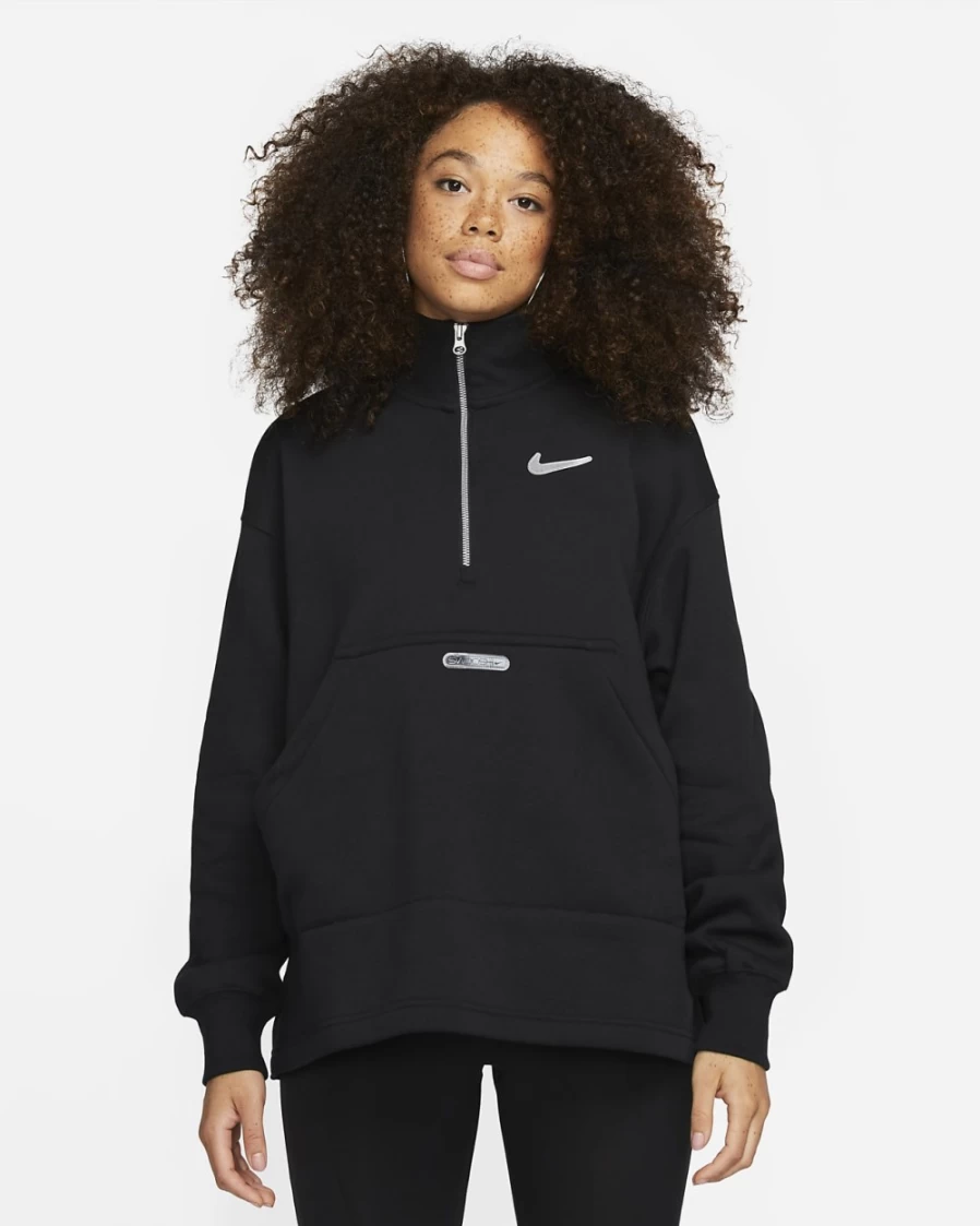 Nike Women's Black/White Swoosh Fleece 1/4-Zip Pullover Top - Sportswear Collection