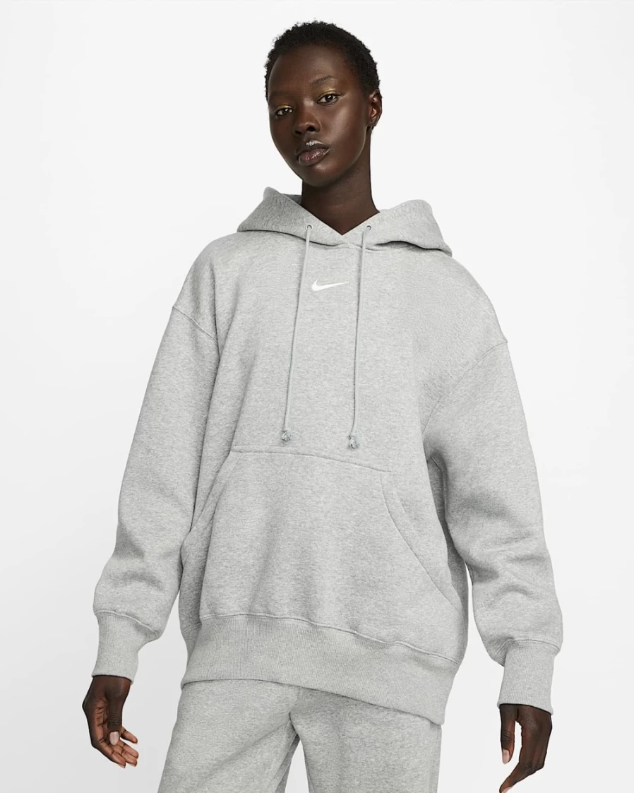 Nike Women's Dark Grey Heather Oversized Phoenix Fleece Pullover Hoodie | Sail Logo | Sportswear Comfort
