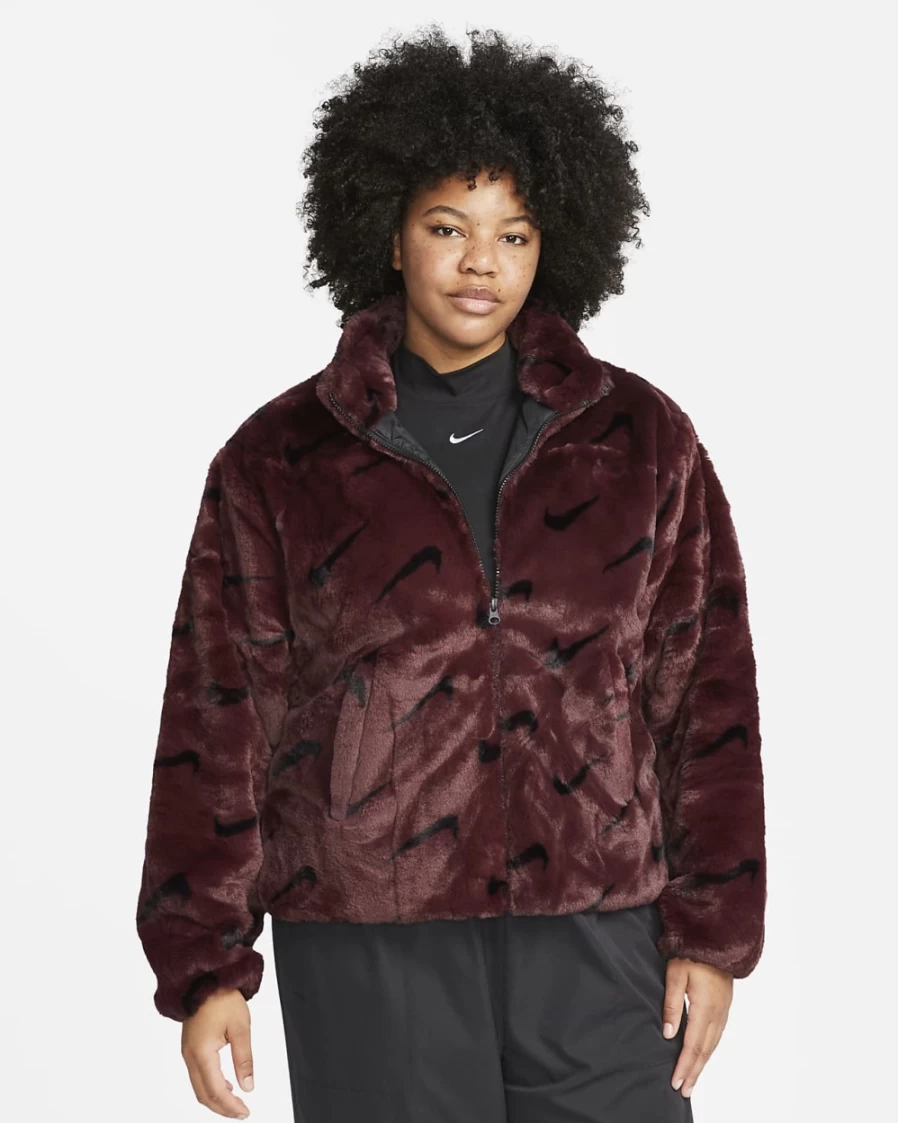 Nike Women's Burgundy Crush Faux Fur Jacket - Plus Size Printed Winter Coat