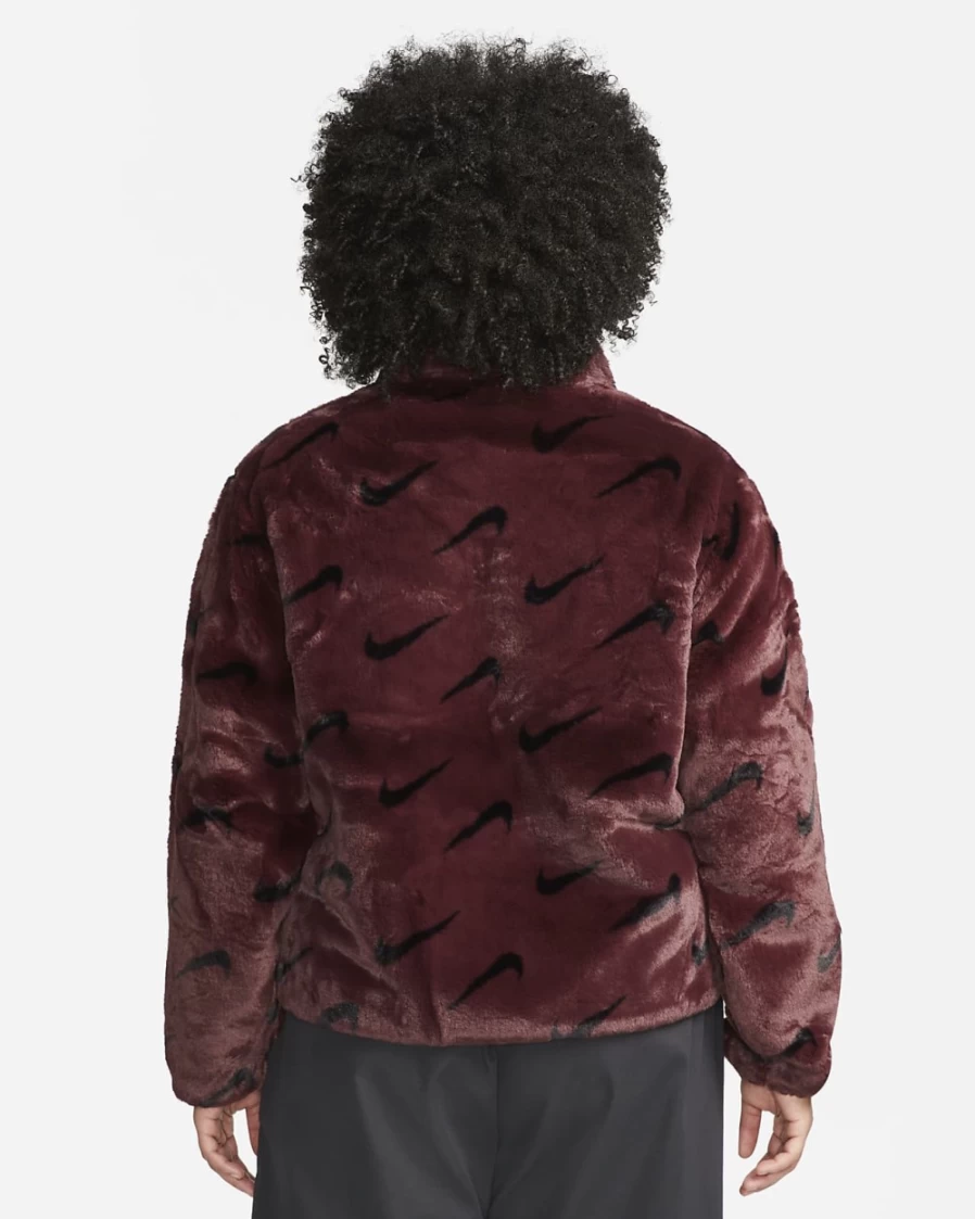 Nike Women's Burgundy Crush Faux Fur Jacket - Plus Size Printed Winter Coat