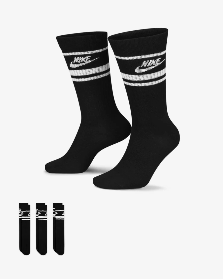 Nike Unisex Everyday Essential Crew Socks (3 Pairs) - Black/White Athletic Socks for Men & Women