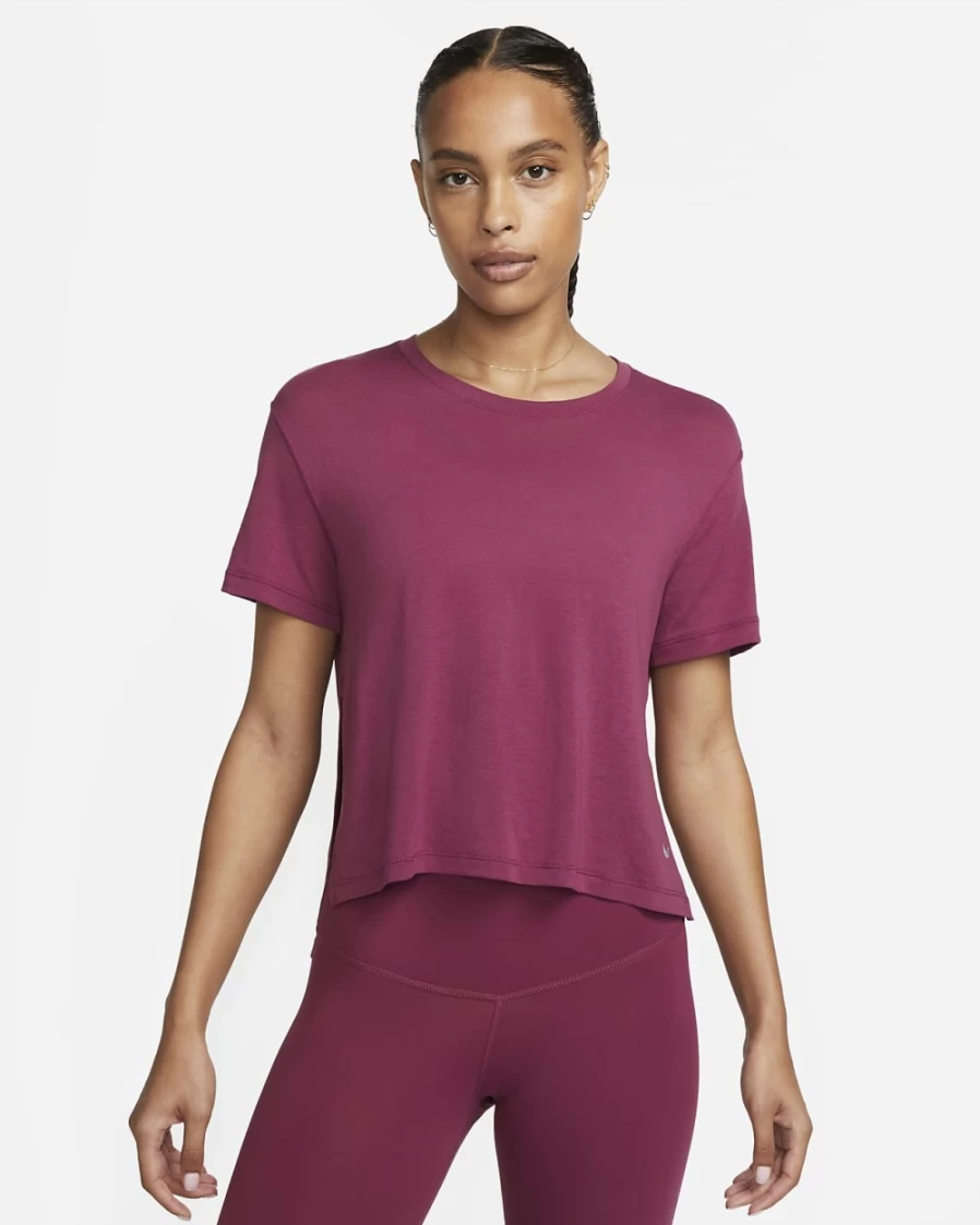 Nike Dri-FIT Women's Yoga Top - Rosewood/Particle Grey - Breathable Workout Shirt for Women