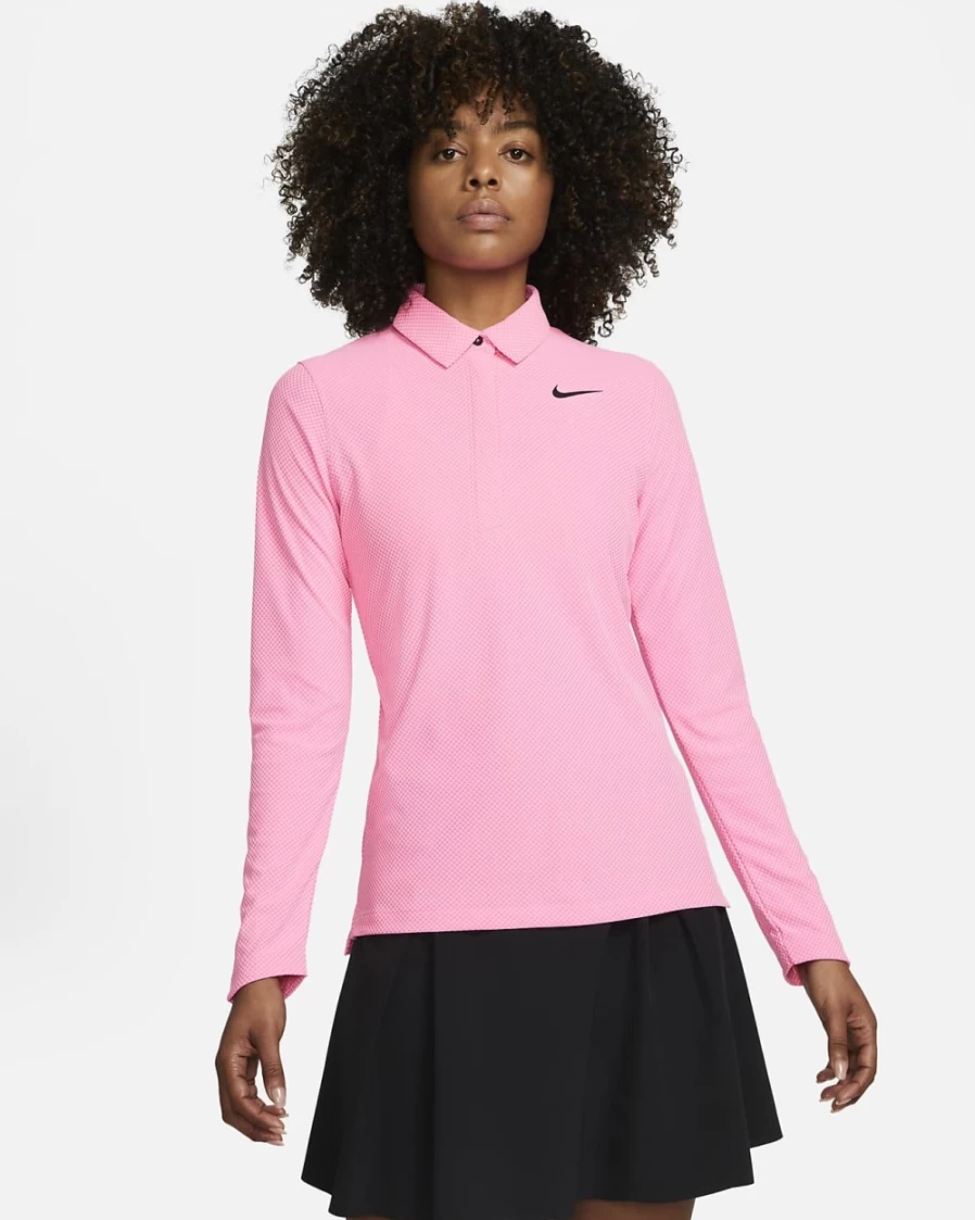 Nike Dri-FIT ADV Tour Women's Long-Sleeve Golf Polo Shirt - Pink Glow/Black, Moisture-Wicking Performance Top