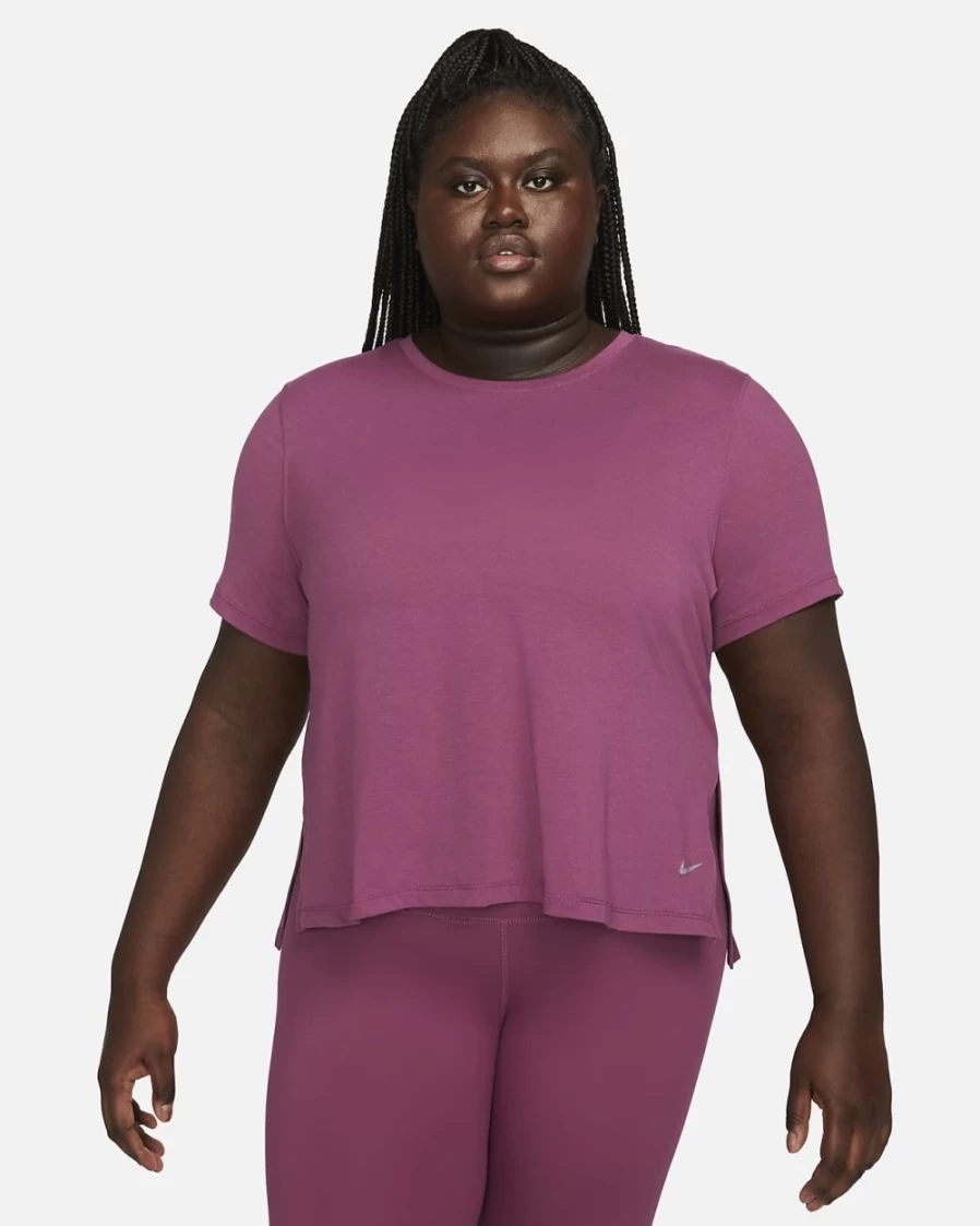 Nike Dri-FIT Women's Plus Size Yoga Top in Rosewood/Particle Grey - Breathable Workout Shirt for Women