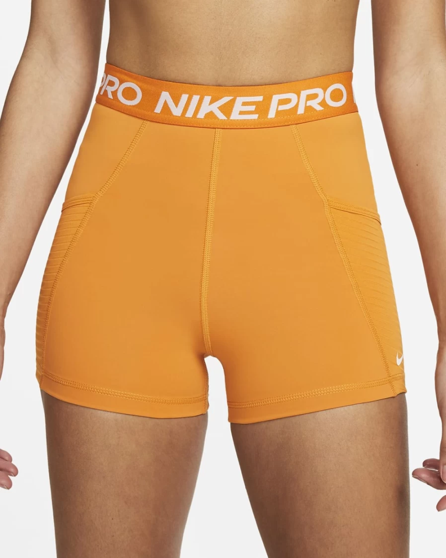 Nike Pro Women's Light Curry/White 3" High-Waisted Workout Shorts with Pockets for Training